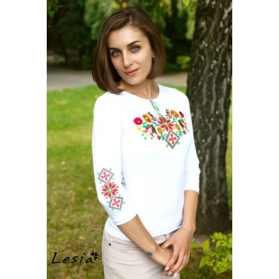 Embroidered t-shirt with 3/4 sleeves "Forest Song" colourful on white